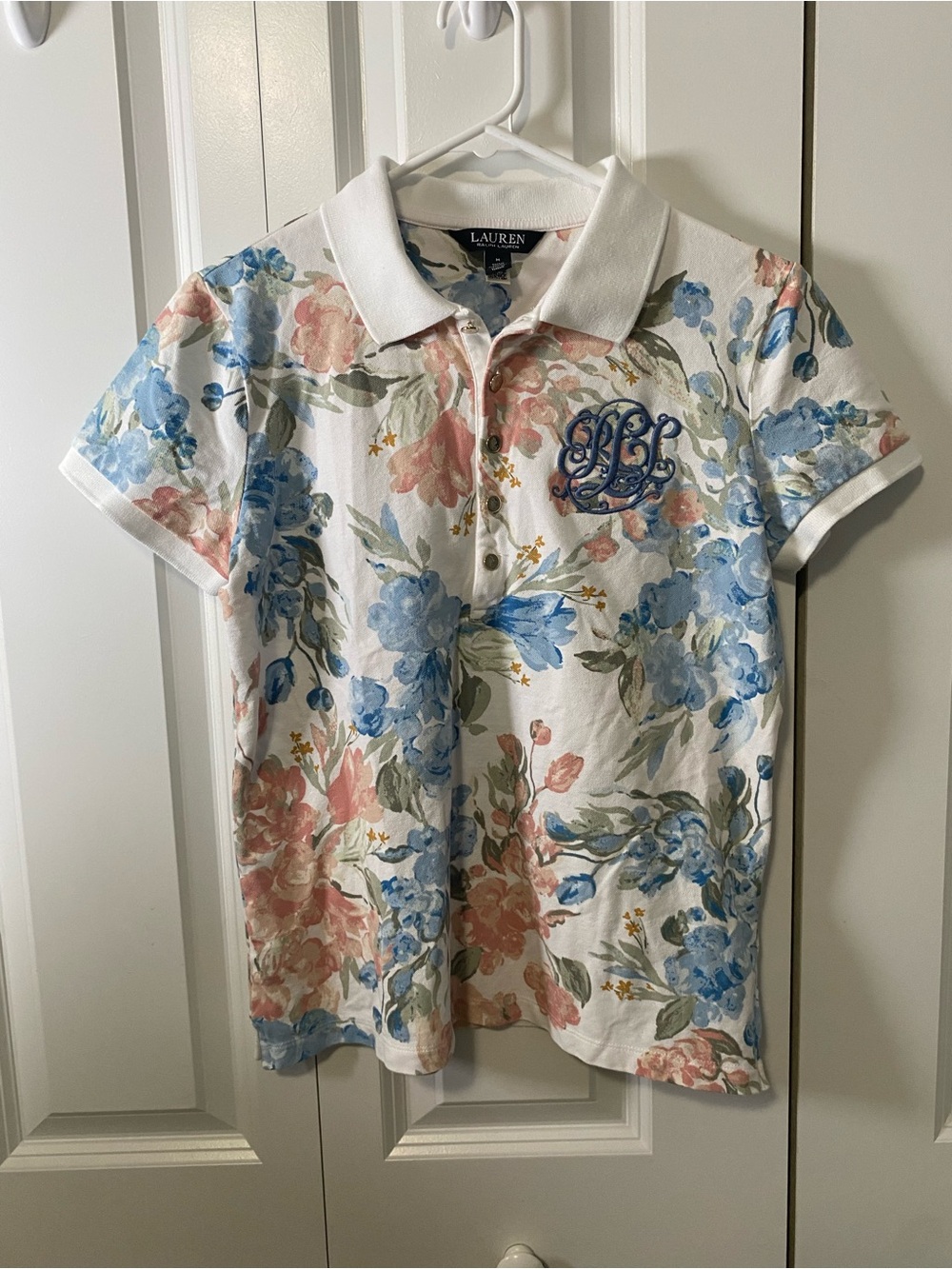Ralph Lauren Floral Pique Polo Shirt - White with Blue & Pink Floral